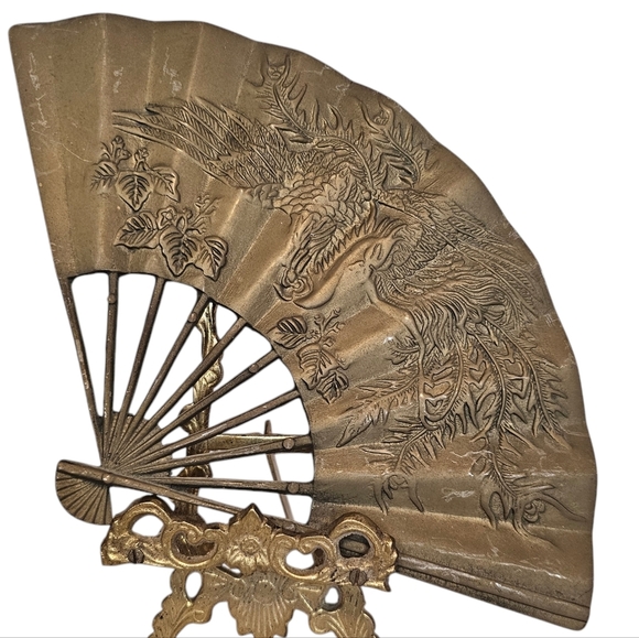 Vintage Brass Bird Crane Phoenix Floral Ornate Fan Decor Accent - Picture 1 of 8